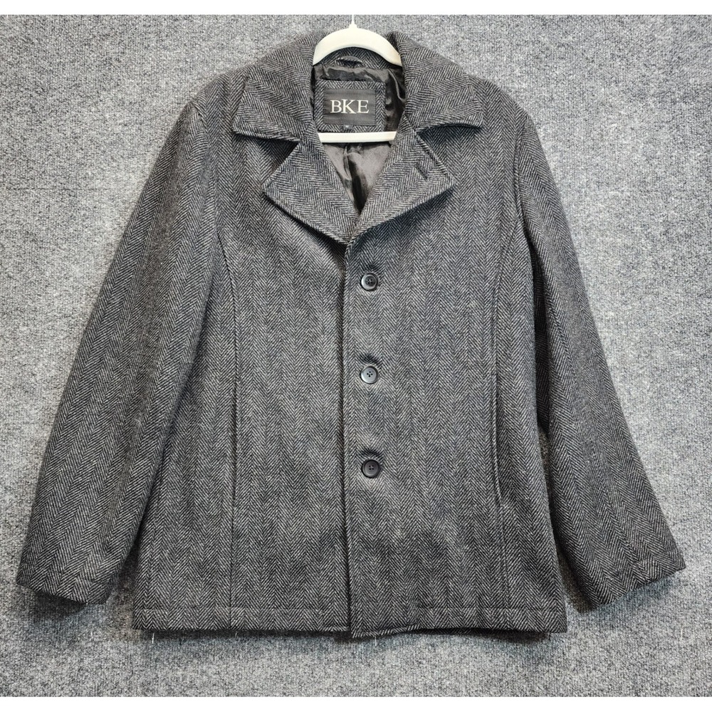 BKE Men's Herringbone Wool Blend Pea Coat Car Jacket Dark Academia Classic Ivy M